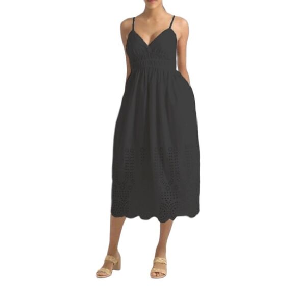 J Crew Maxi Dress V-neck smocked-waist in cotton poplin BR450 Black NWT - Picture 3 of 15